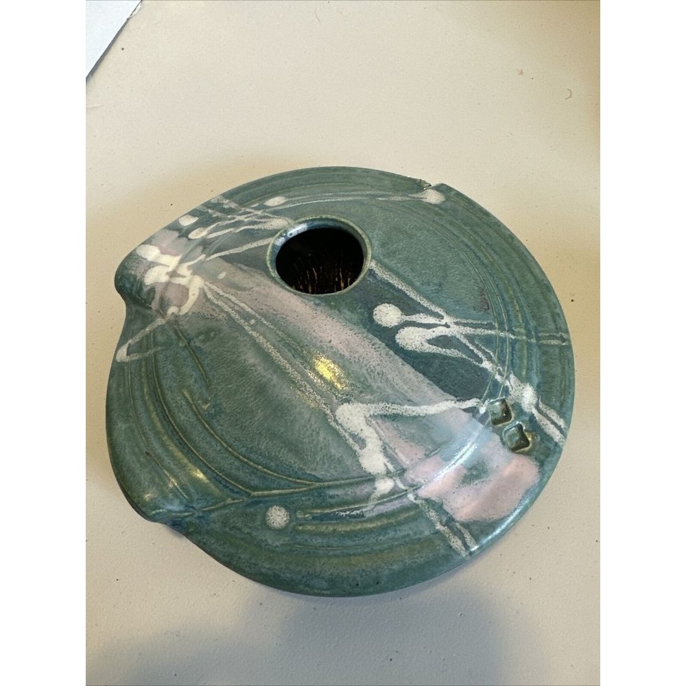 Artist Signed Colby Studio Pottery Low Profile Flower Frog Vase green pink  8”